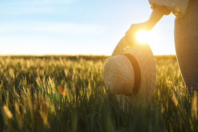 Woman in field with unripe spikes on sunny day, closeup