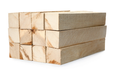 Stack of cut firewood on white background