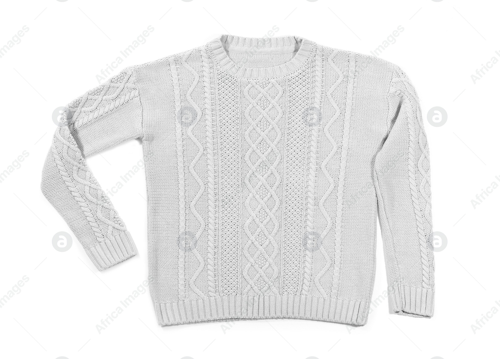 Photo of Cozy warm sweater on white background, top view