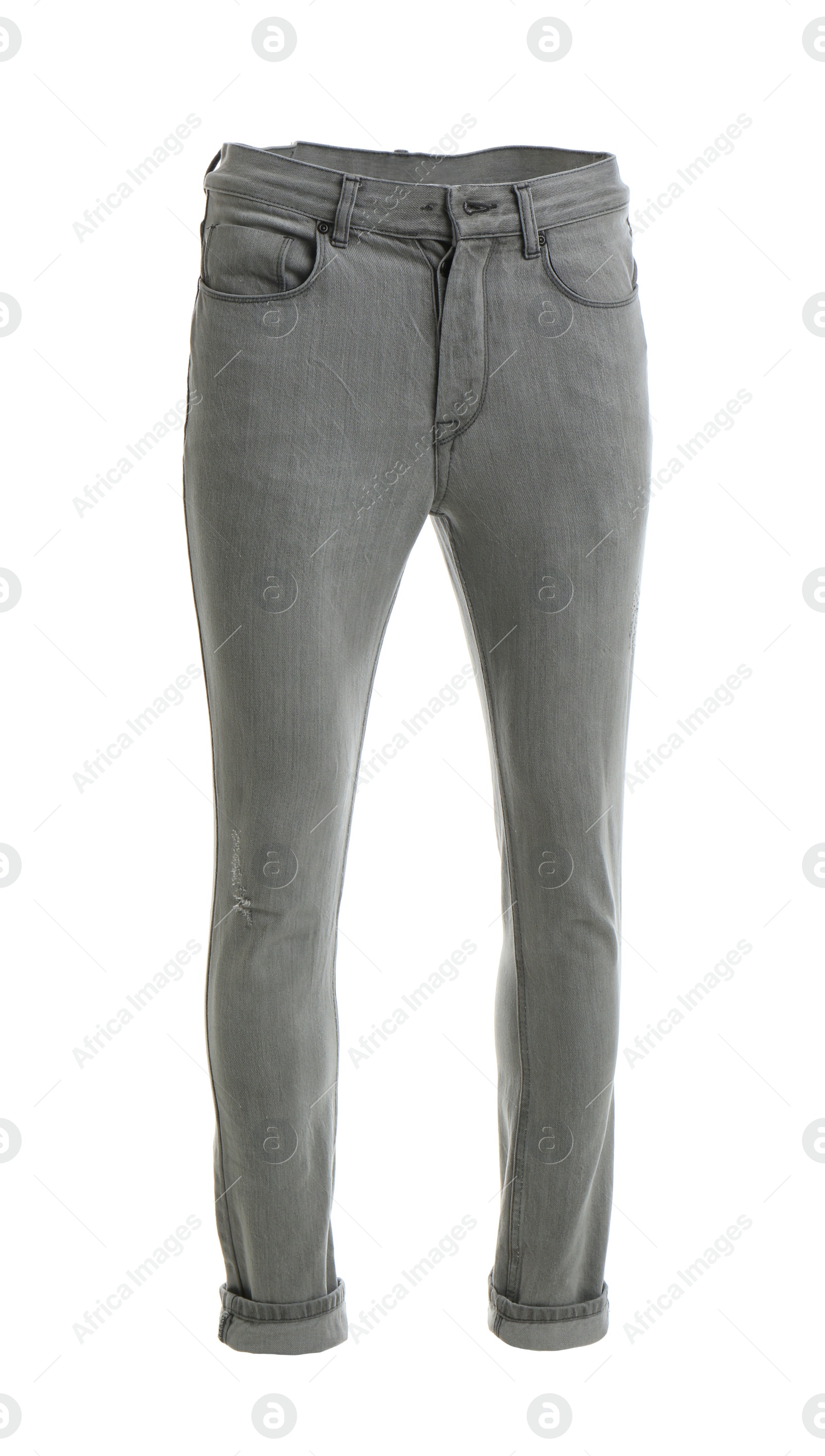 Photo of Grey jeans on mannequin against white background