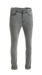 Photo of Grey jeans on mannequin against white background