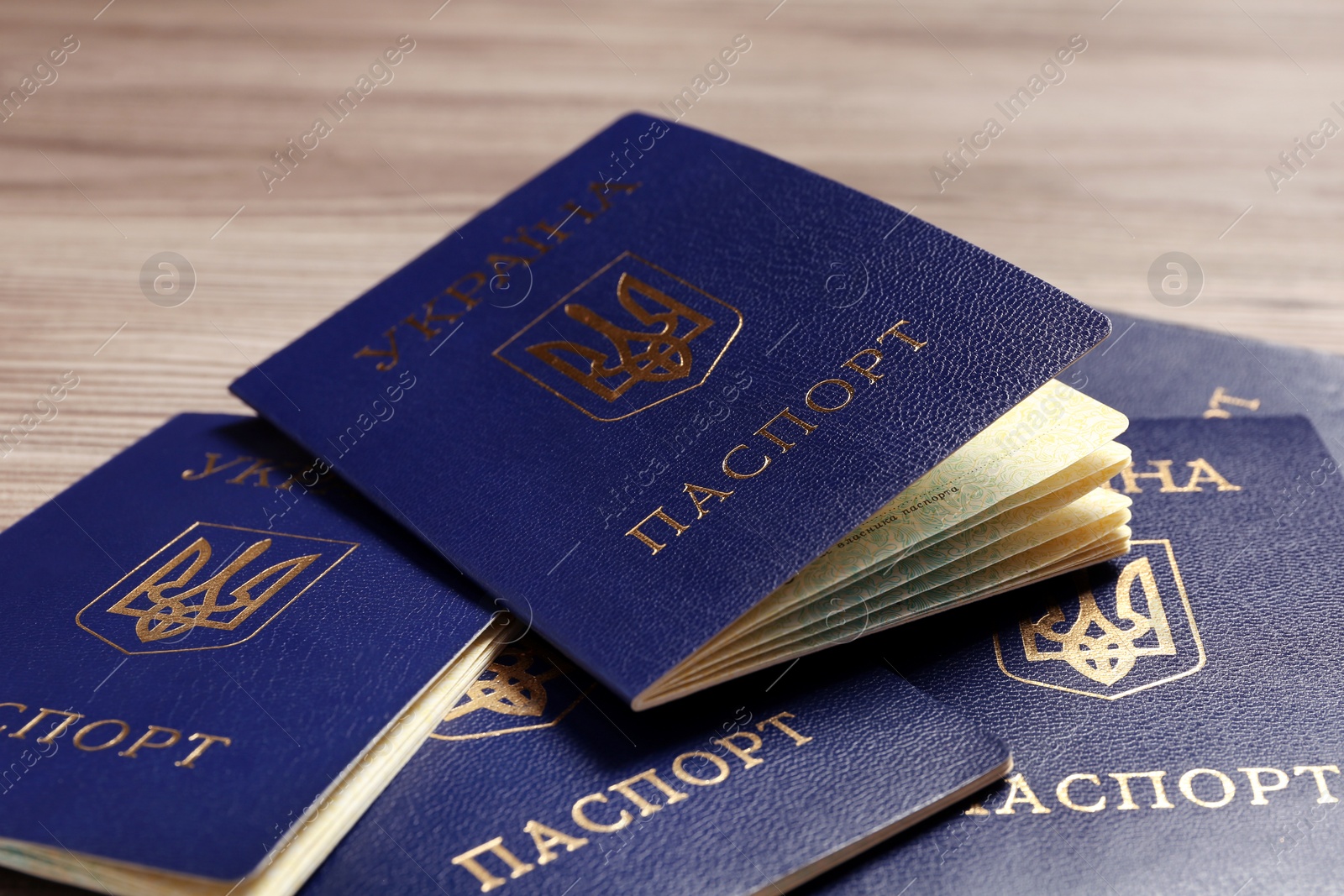 Photo of Many Ukrainian internal passports on table, closeup