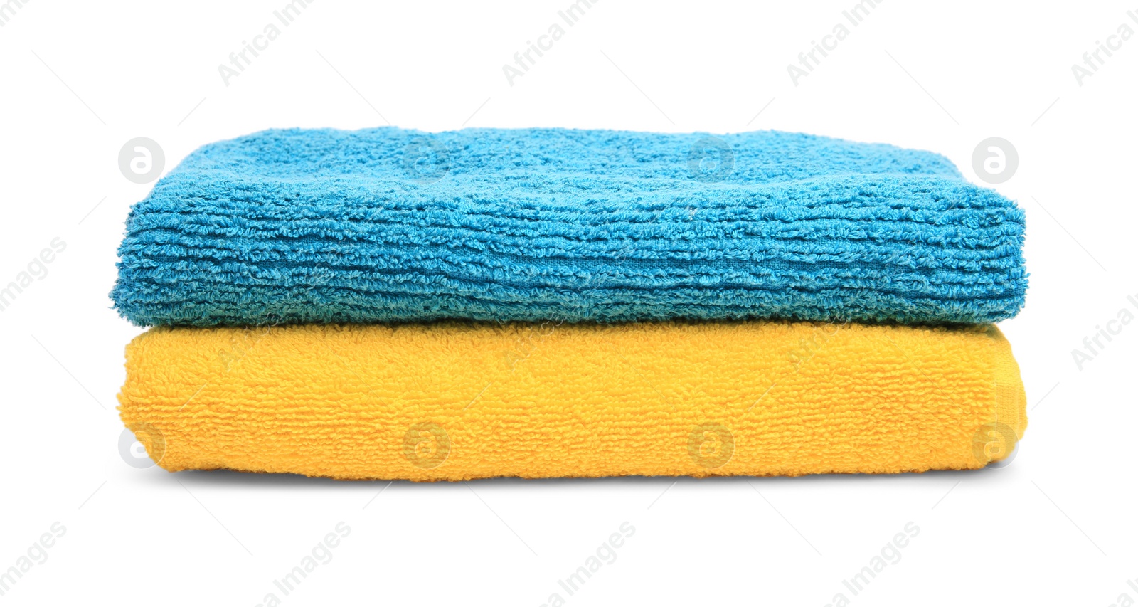 Photo of Two colorful terry towels isolated on white