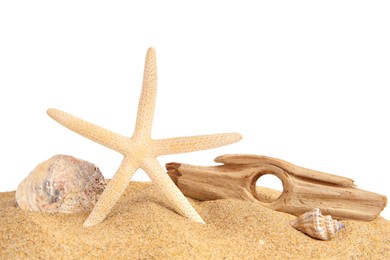Photo of Beautiful sea star, shells and sand isolated on white