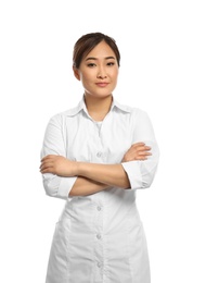 Professional masseuse in spa uniform on white background