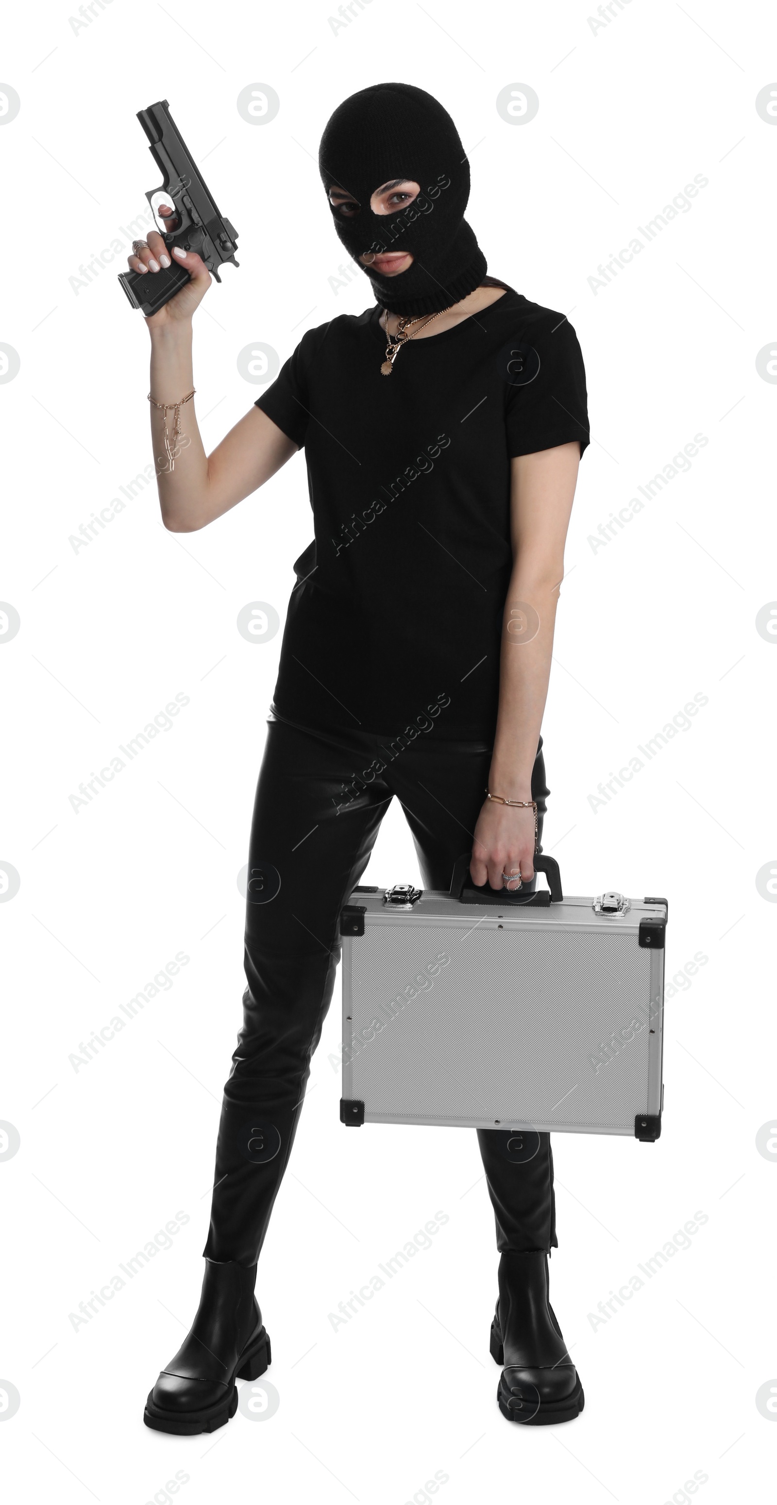 Photo of Woman wearing knitted balaclava with metal briefcase and gun on white background