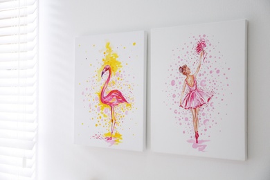 Photo of Beautiful pictures of flamingo and ballerina on light wall. Decoration for interior design