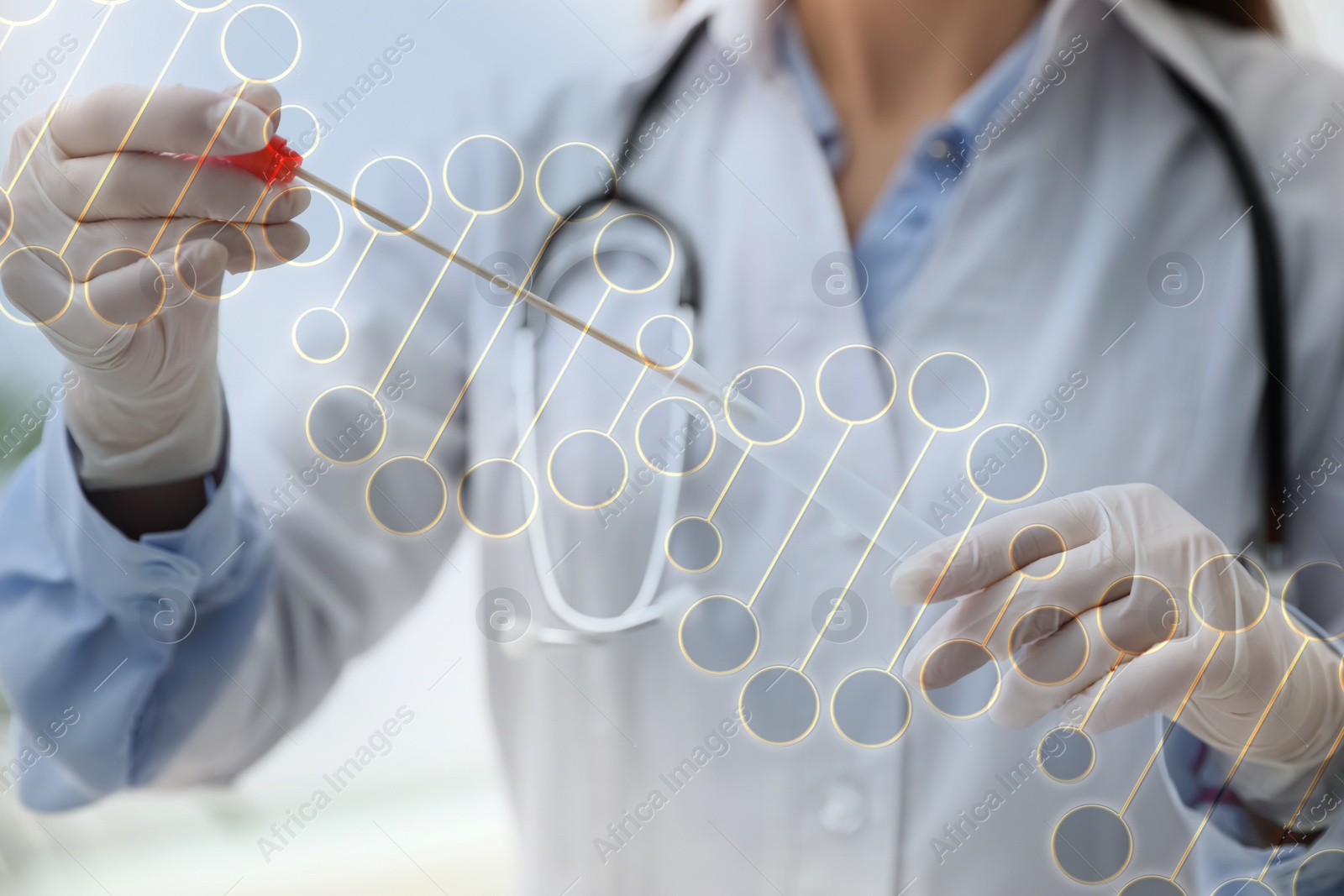 Image of Double exposure of laboratory worker with buccal cotton swab and tube for genetic testing and illustration of DNA structure