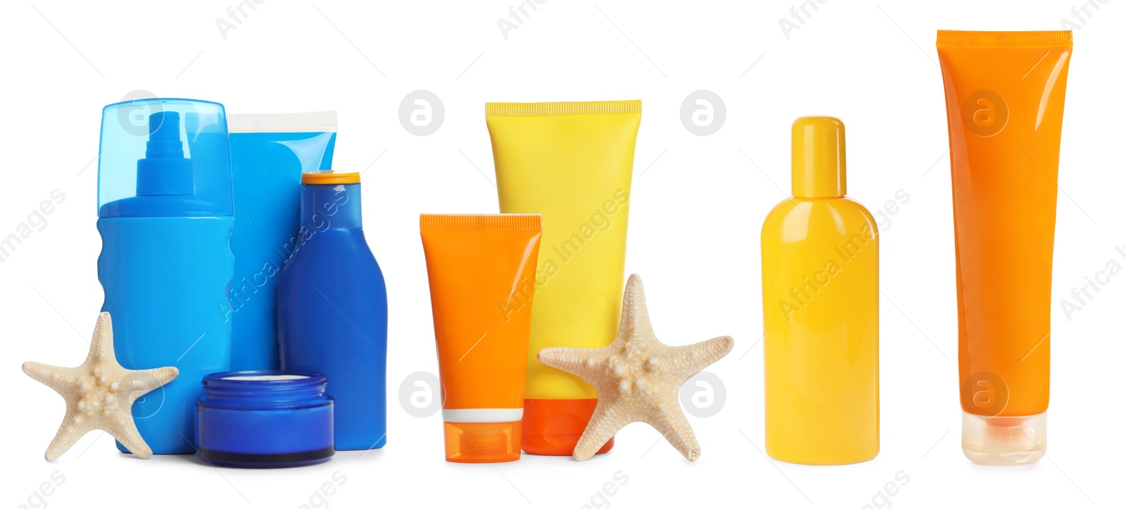 Image of Set with sun protection cosmetic products on white background. Banner design