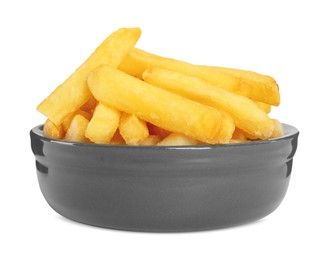 Photo of Bowl with delicious french fries on white background