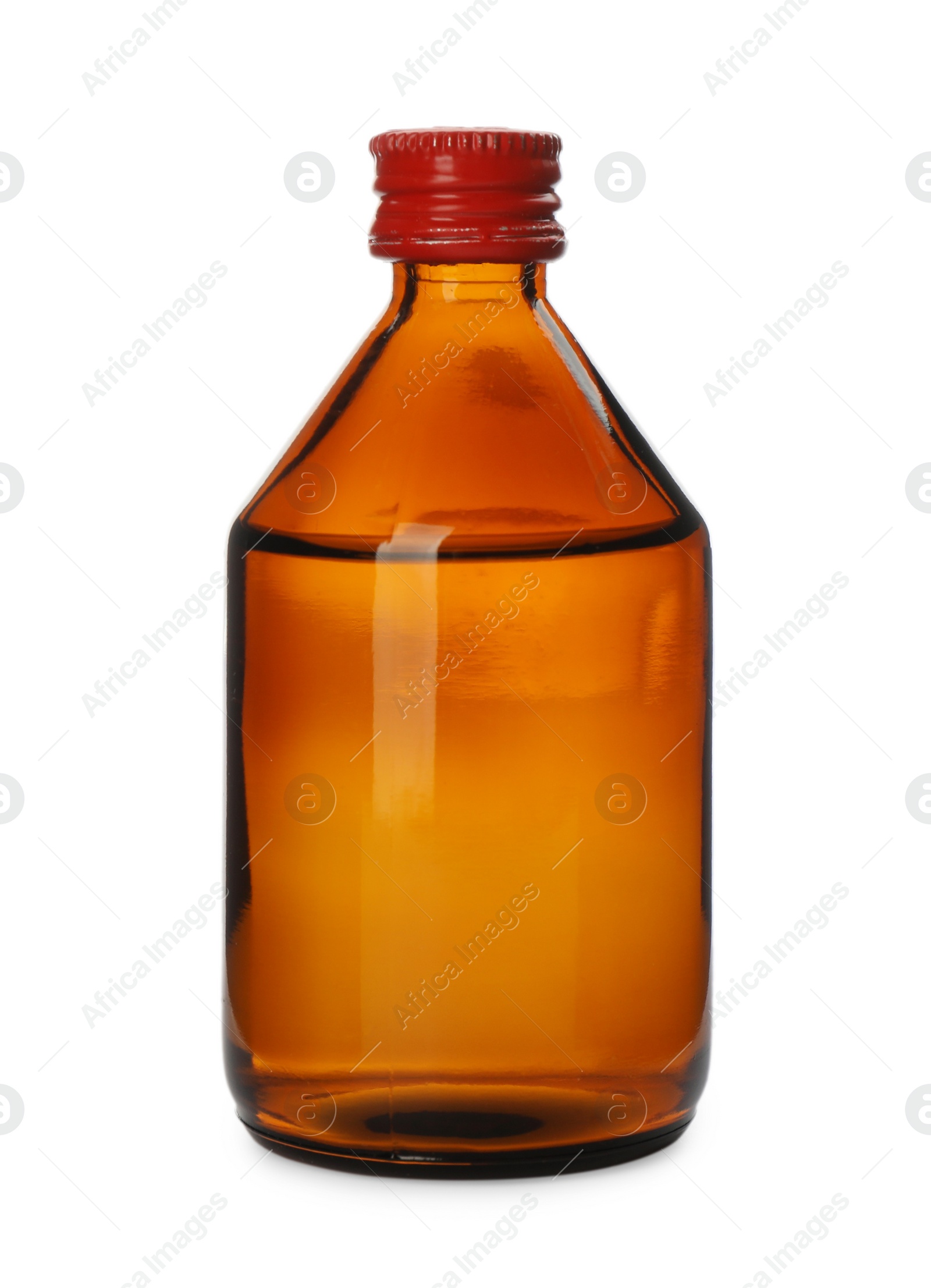 Photo of Glass bottle of medical alcohol isolated on white. First aid item