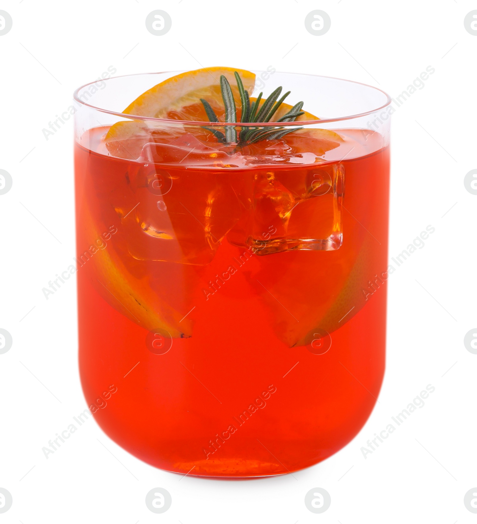 Photo of Aperol spritz cocktail, orange slices and rosemary in glass isolated on white