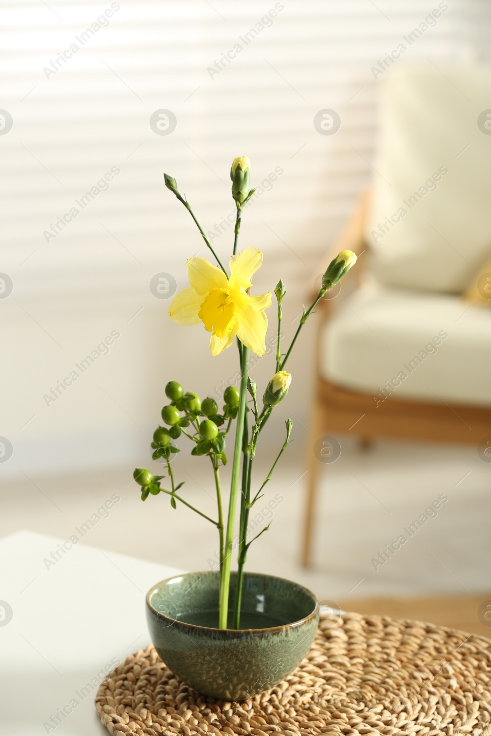 Photo of Stylish ikebana with beautiful yellow narcissus flower carrying cozy atmosphere at home