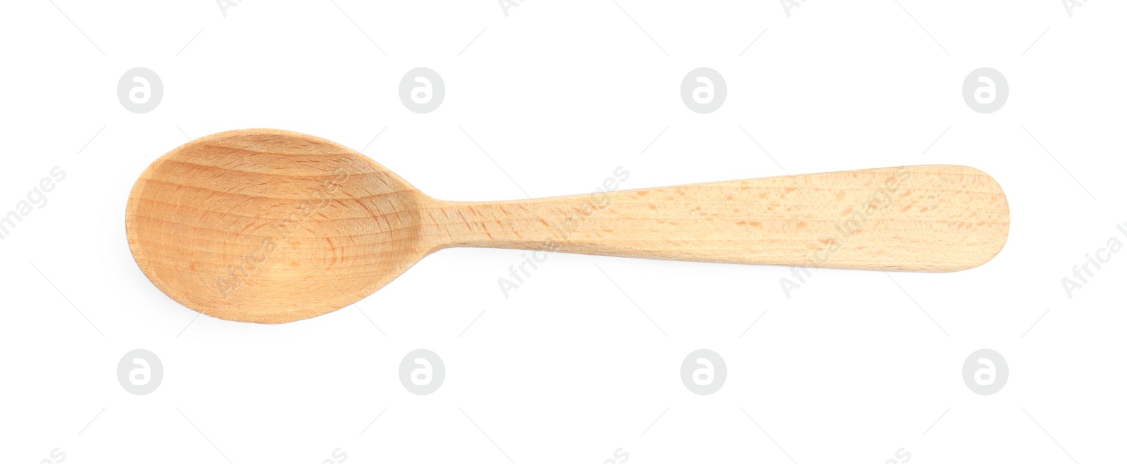 Photo of Handmade wooden spoon isolated on white, top view