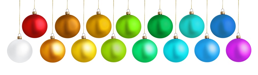 Image of Set of bright Christmas balls on white background. Banner design 