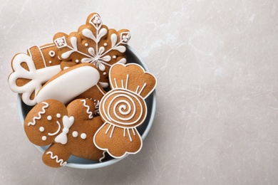 Delicious Christmas cookies on light table, top view. Space for text