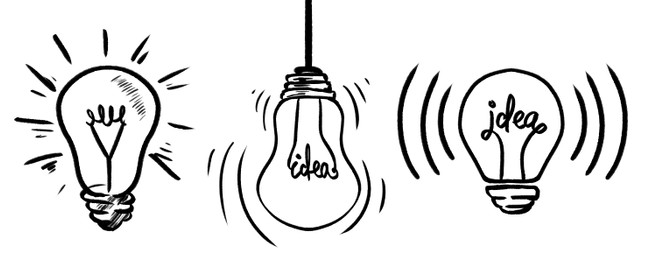 Illustration of Idea. Glowing light bulbs on white background, collection of illustrations