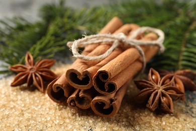 Different spices and fir branches on table, closeup