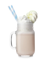 Photo of Mason jar with delicious milk shake on white background