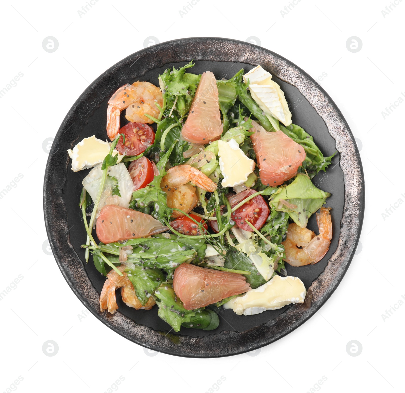 Photo of Delicious pomelo salad with shrimps and cheese on white background, top view
