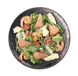 Delicious pomelo salad with shrimps and cheese on white background, top view