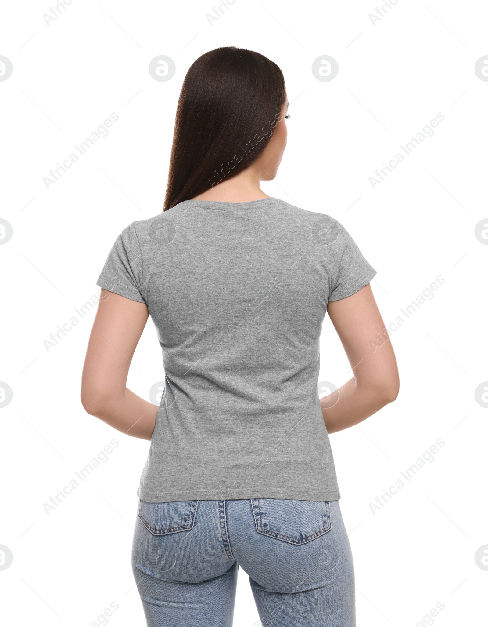 Photo of Woman wearing stylish gray T-shirt on white background, back view