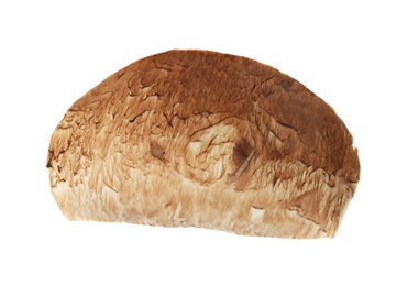 Photo of Slice of raw mushroom on white background