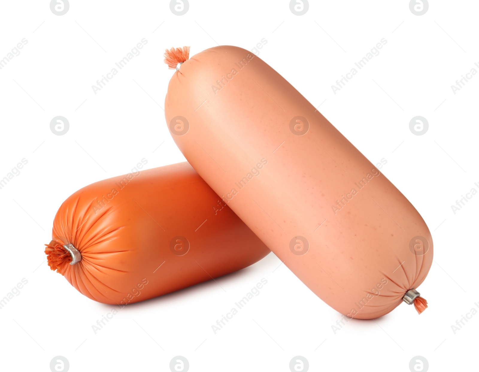 Photo of Different tasty boiled sausages on white background