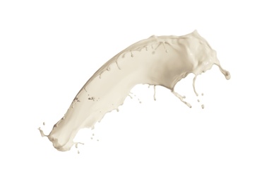 Photo of Splash of delicious milk on white background
