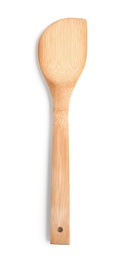 Kitchen utensil made of bamboo on white background, top view