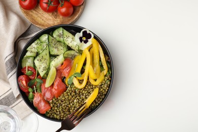 Photo of Bowl of salad with mung beans on white table, flat lay. Space for text