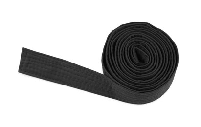 Black karate belt isolated on white, above view. Martial arts uniform
