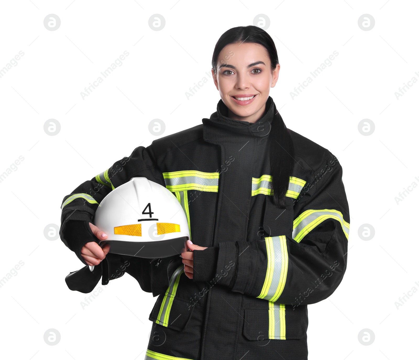 Photo of Portrait of firefighter in uniform with helmet on white background