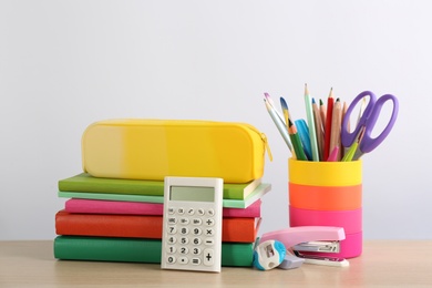 Photo of Different school stationery on table against white background. Back to school