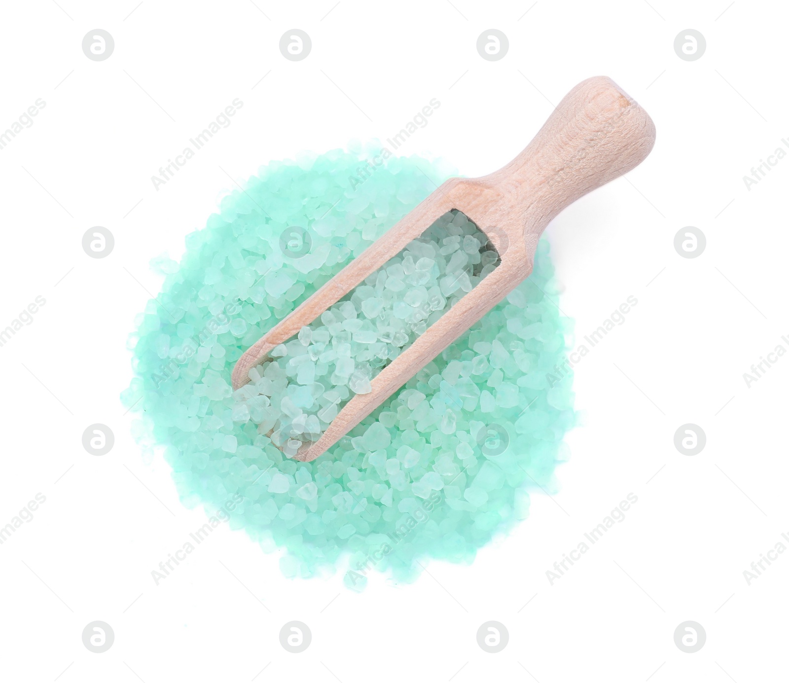 Photo of Wooden scoop with turquoise sea salt isolated on white, top view