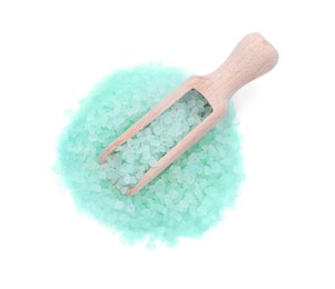 Photo of Wooden scoop with turquoise sea salt isolated on white, top view