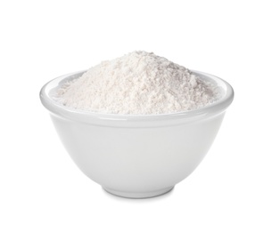 Photo of Organic flour in bowl isolated on white