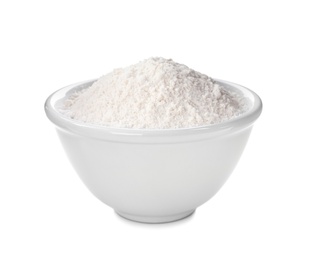 Organic flour in bowl isolated on white