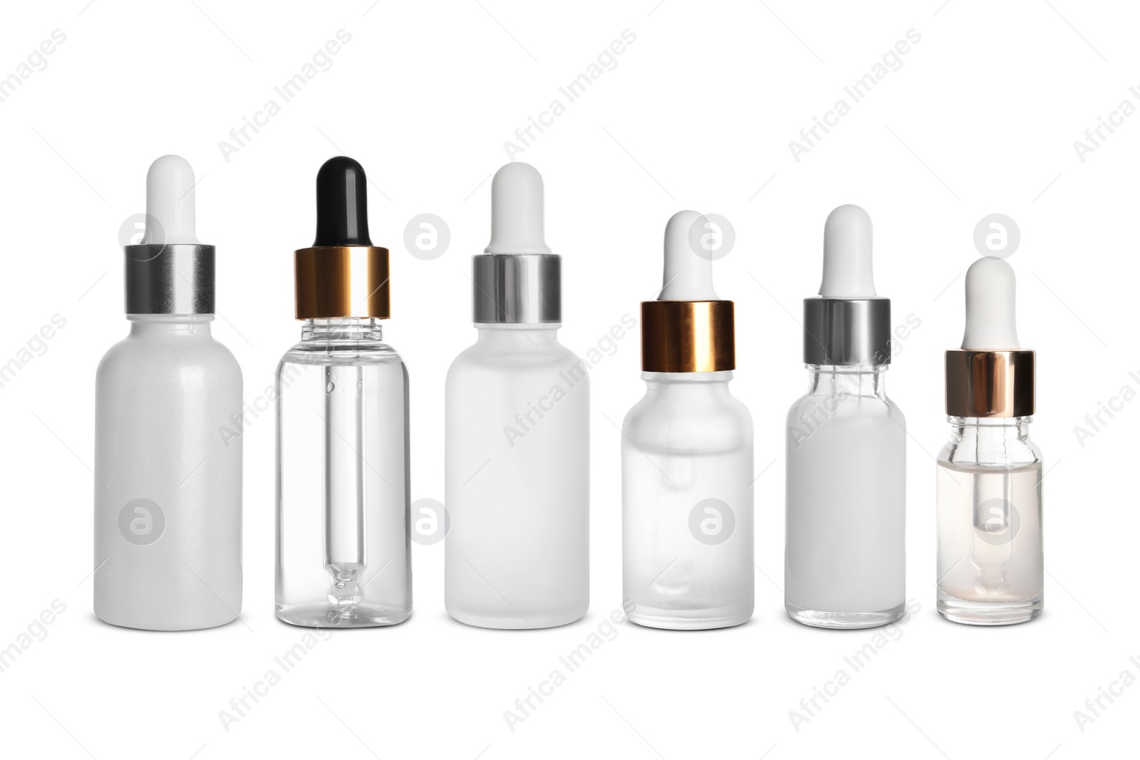 Image of Serums in different bottles isolated on white, collection