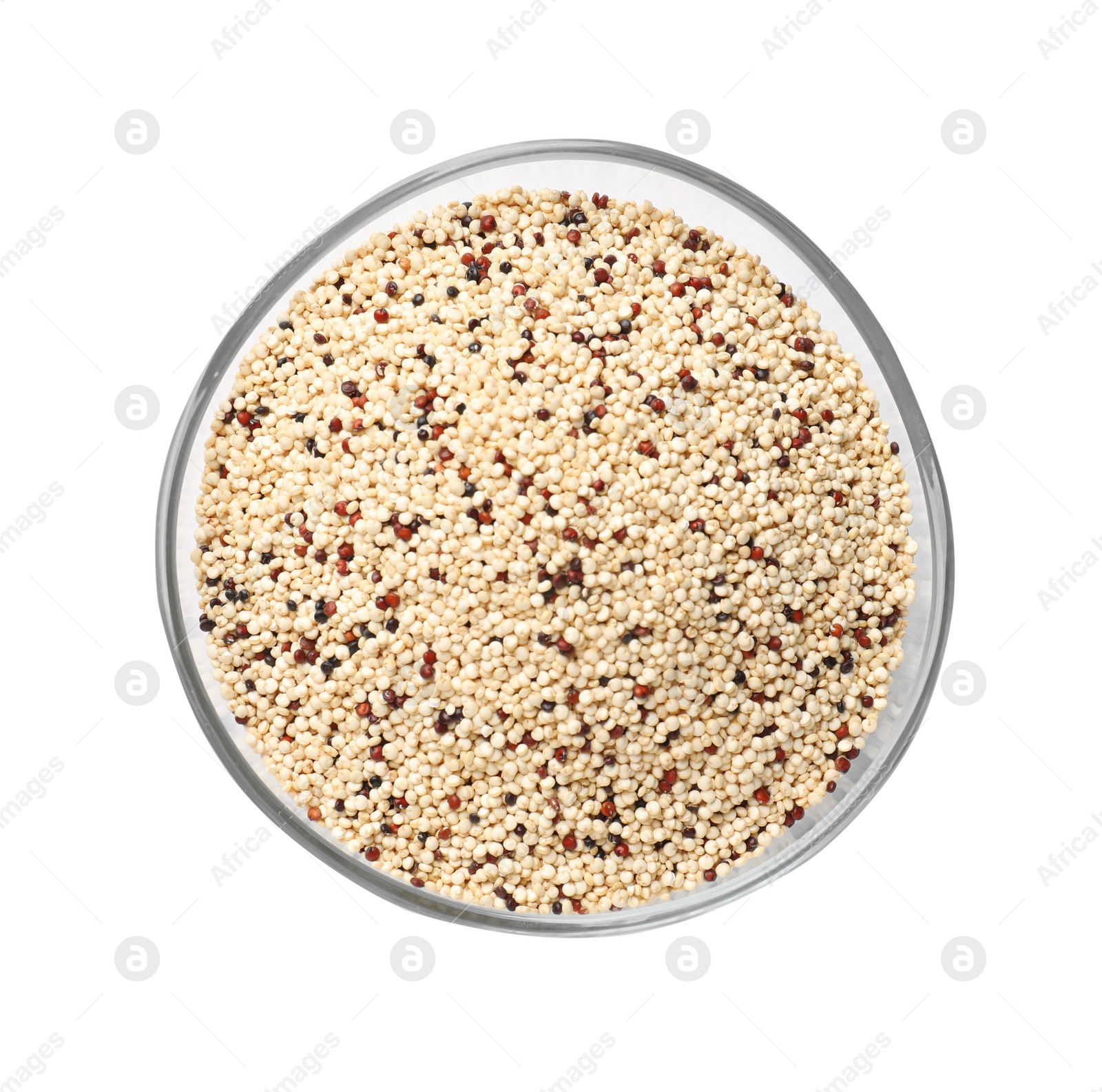 Photo of Raw quinoa seeds in bowl isolated on white, top view