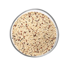 Photo of Raw quinoa seeds in bowl isolated on white, top view