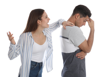 Photo of Woman shouting at her boyfriend on white background. Relationship problems