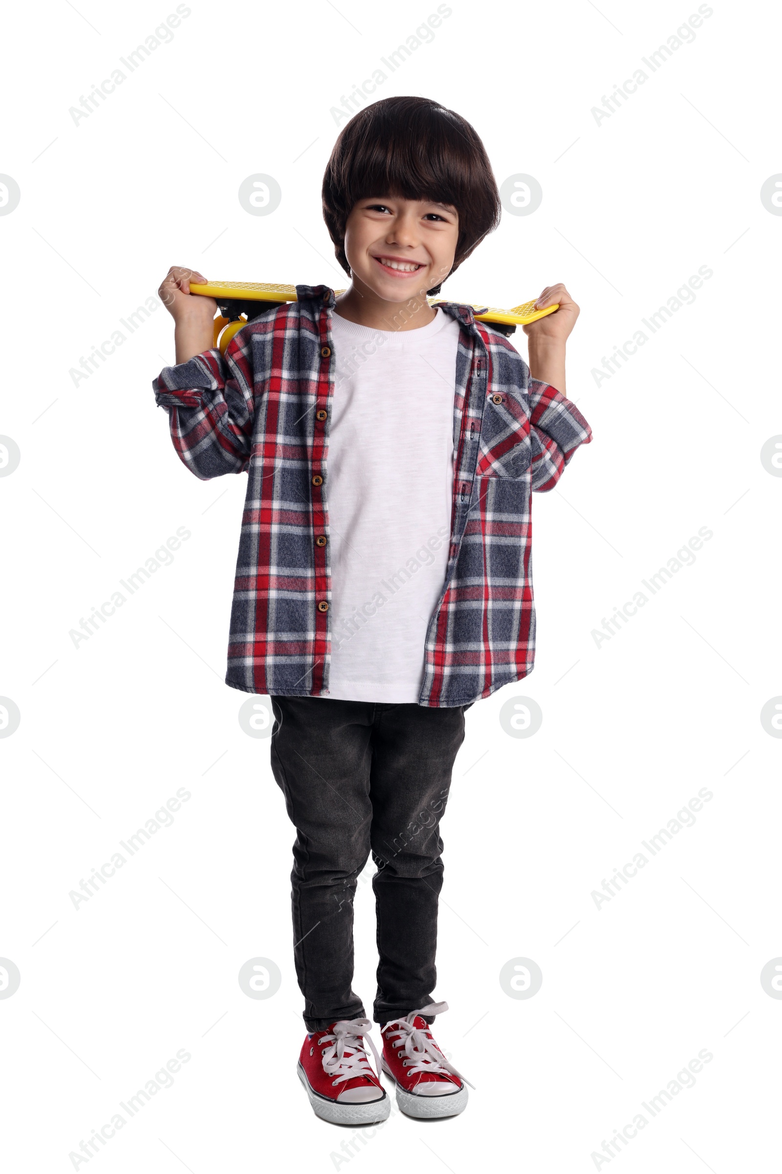 Photo of Cute little boy with skateboard on white background