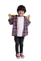 Cute little boy with skateboard on white background