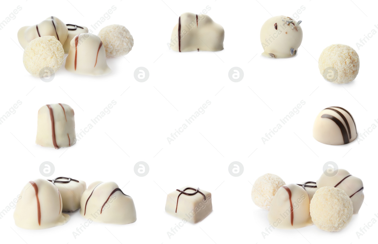 Image of Set with different chocolate candies on white background, space for text