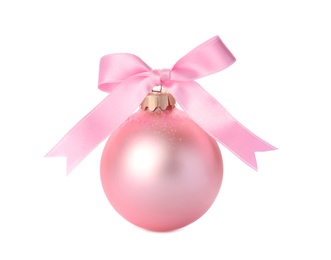 Photo of Beautiful Christmas ball with ribbon on white background