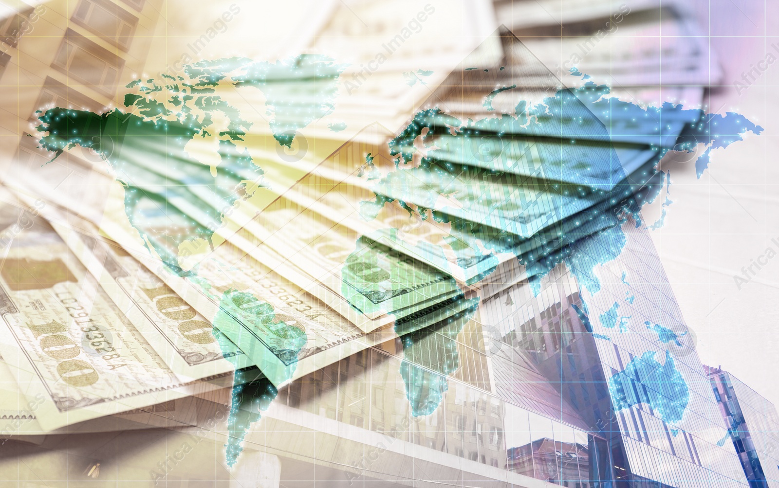 Image of Multiple exposure of money, world map and building. Online payment concept