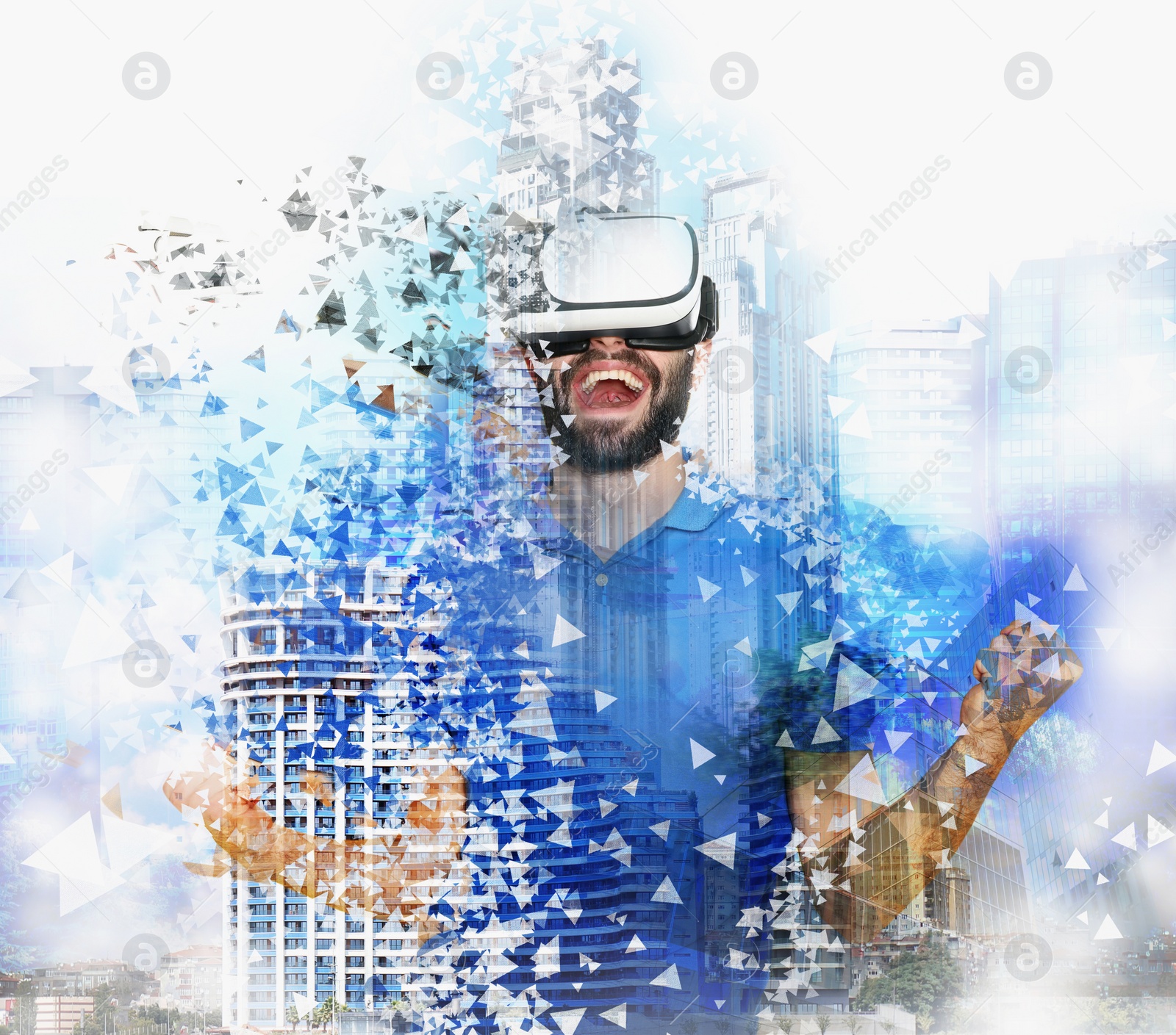 Image of Double exposure of man using virtual reality headset and cityscape. Modern technology