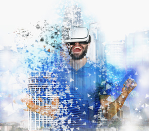 Image of Double exposure of man using virtual reality headset and cityscape. Modern technology