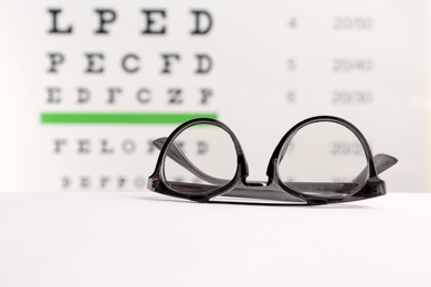 Photo of Glasses with corrective lenses on table against eye chart
